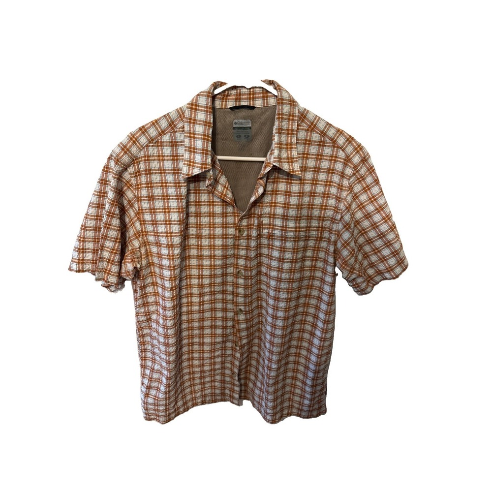 Mens Columbia Large Short Sleeve Button Down Plaid Seersucker Cotton Shirt